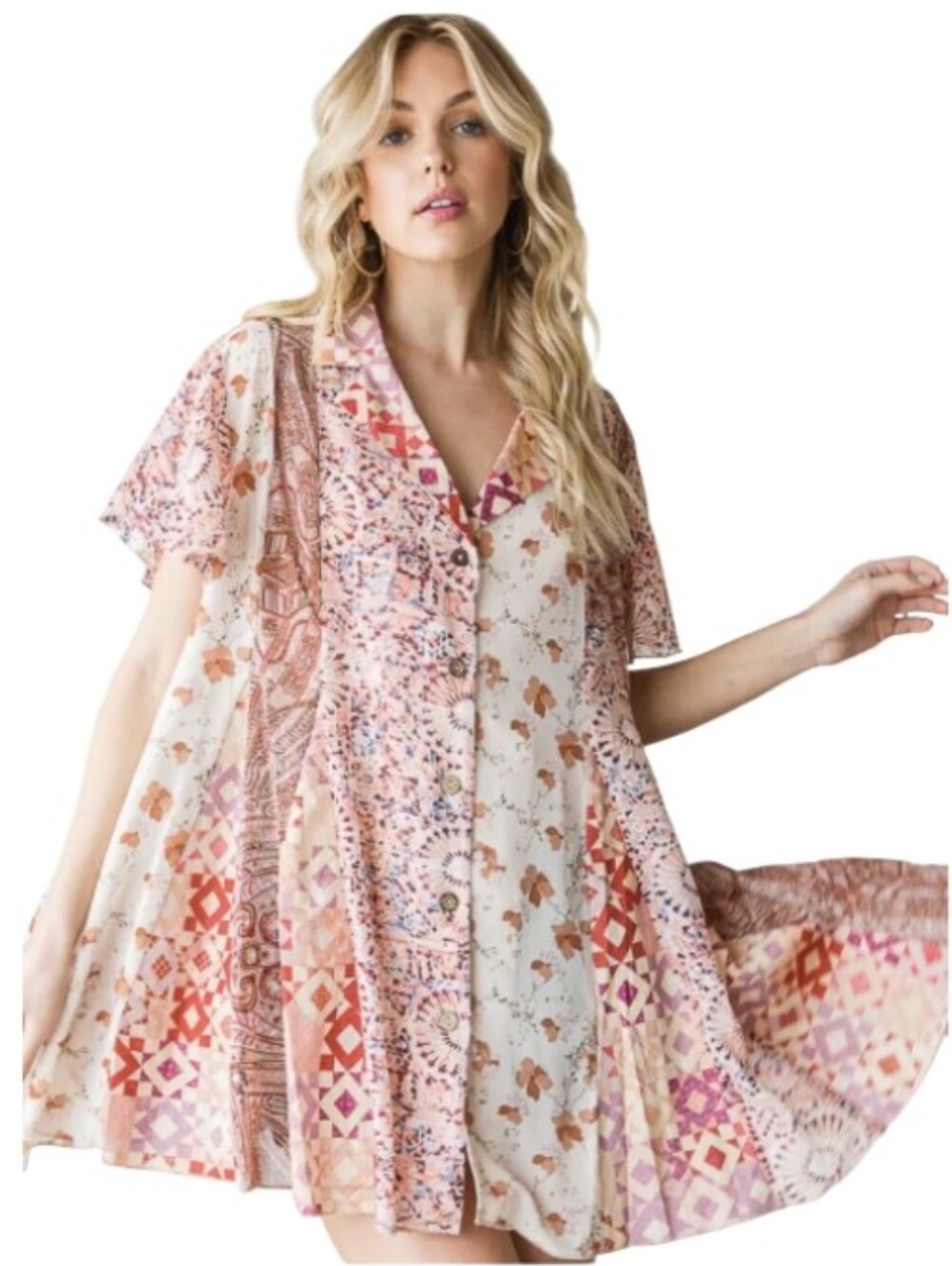 Oli & Hali Mini Dress Tunic Boho Pink & Cream Patchwork Floral Tunic Micro Mini